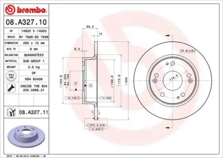 Тормозной диск Brembo BREMBO 08.A327.10