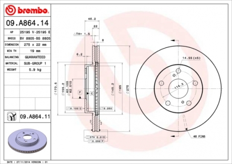 Тормозной диск BREMBO 09.A864.14