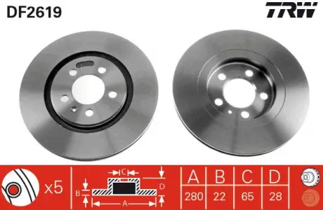Диск тормозной SEAT, VW, передние., Вент. TRW DF2619