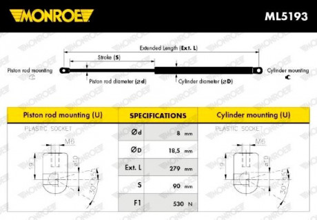 Газовая пружина, крышка багажника MONROE ML5193