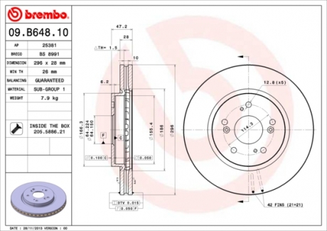 Тормозной диск вентилируемый BREMBO 09.B648.10