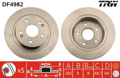 Диск тормозной (1 шт.) HONDA Accord "R" D = 282mm "08-" 13 TRW DF4982