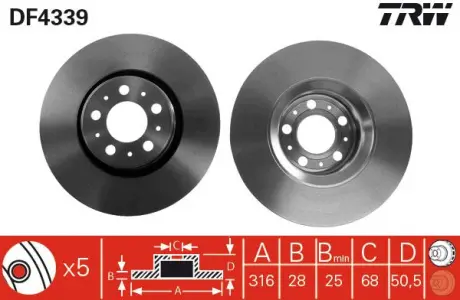 Диск тормозной (1 шт.) VOLVO XC90 / S60 "F D = 316mm" 00-10 TRW DF4339