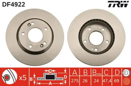 Диск тормозной HYUNDAI ELANTRA передние., Вент. TRW DF4922