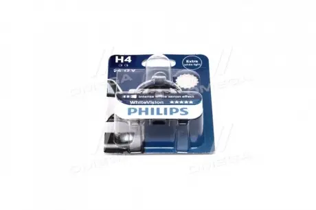 Автолампа Philips WhiteVision H4 P43t-38 55 W 60 W прозрачно-голубая PHILIPS 12342WHVB1