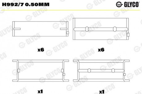 Вкладыши коренные 0.50MM HL / PASS-L (К-Т R6 Цил) MAN D2566 / D2866 / 76 / MB OM407 / 42 Glyco H992/7 0.50MM