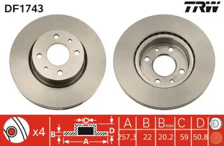 Диск тормозной ALFA ROMEO, FIAT, LANCIA, передние., Вент. TRW DF1743