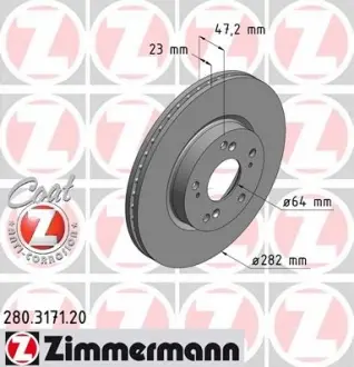 Тормозной диск перед вент Honda Civic 18i / FR-V / St ZIMMERMANN 280317120