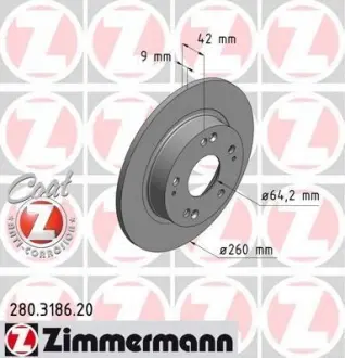 Тормозной диск зад Honda Civic с 2006г (260x9) ZIMMERMANN 280318620