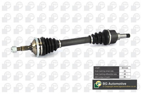 Полуось Peugeot 206 1.1-1.6 98-09 (21/22) 612mm (+ ABS 48z) Л. BGA DS6714LA