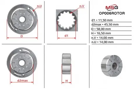 Ротор, статор и пластины насоса ГУР ALFA ROMEO, CITROEN, DACIA, FIAT, LANCIA, NISSAN, OPEL, PEUGEOT, RENAUL MSG OP006ROTOR