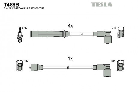 Кабель зажигания, к-кт Nissan Bluebird 80-90 1,6; 1,8; 2,0 TESLA T488B (фото 1)