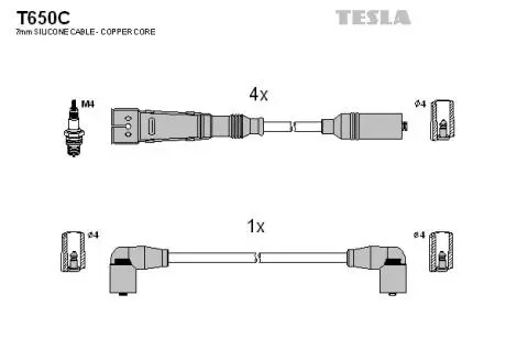 Кабель запалювання, к-кт Seat, VW 80-01 1,6; 1,8; 2,0 | приєднання 4 мм різьблення TESLA T650C