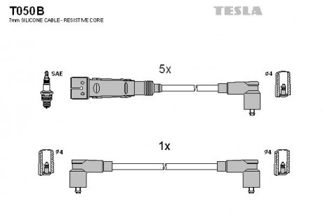 Кабель зажигания, к-кт Audi 80,100,200 83-94, VW Passat 2,0; 2,2; 2,3 83-88 TESLA T050B