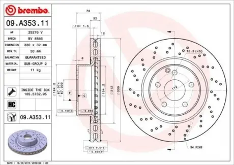 Гальмівний диск пер. W220 98-/C215 99- (330x76mm)(1шт/уп) BREMBO 09.A353.11 (фото 1)
