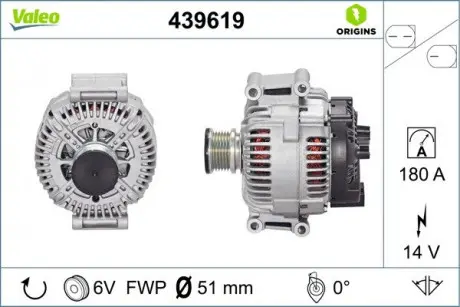 Генератор (14В, 180А, новий) MERCEDES SPRINTER 3,5-T (B906), SPRINTER 3-T (B906), SPRINTER 4,6-T (B906), SPRINTER 4-T (B904), SPRINTER 5-T (B906), VIANO (W639), VITO / MIXTO (W639) 2.0D-3.5 04.00- Valeo 439619 (фото 1)