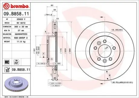 Тормозной диск передний BREMBO 09.B858.11