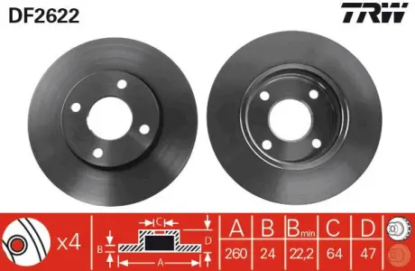 Диск гальмівний (1 шт.) FORD (Europe) Cougar / Mondeo / Mondeo Estate / Wagon / Scorpio TRW DF2622