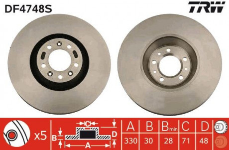 Диск тормозной PEUGEOT 407/607 "F D = 330mm" 04-10 TRW DF4748S