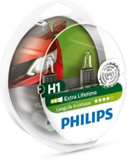 Автолампа LongLife EcoVision H1 P14,5s 55 W прозрачная PHILIPS 12258LLECOS2 (фото 1)