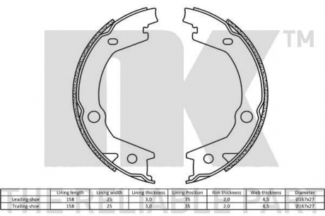 Комплект тормозных колодок, стояночная тормозная система NK 2734745