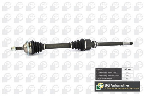 Полуось Peugeot 206 1.1-1.6 98-09 (21/22) 587mm (+ ABS 48z) Пр. BGA DS6714RA