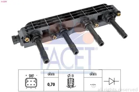 Катушка зажигания Astra G / Combo / Vectra B / C / Zafira A 1.6 95- FACET 9.6299 (фото 1)