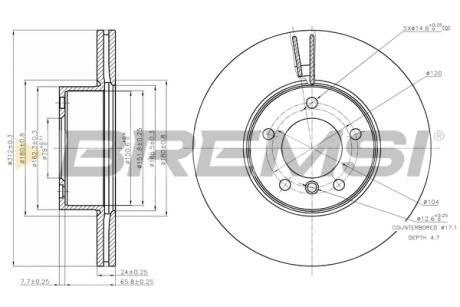 Тормозной диск перед. BMW 1 (F20 / F21) / 3 (E90 / F30 / F80) / X1 (E84) 04- (312x24) BREMSI CD7717V