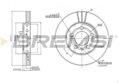 Тормозной диск перед. Golf 97-06 / Bora 99-05 / Octavia 97-10 (256x22) BREMSI CD6927V