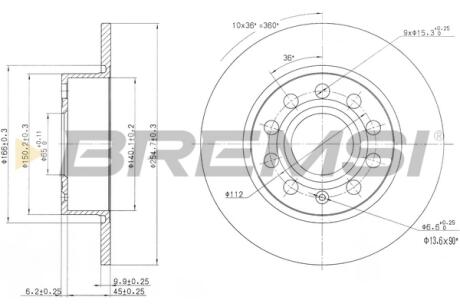 Тормозной диск зад. Caddy III / Octavia / Golf V / VI 04- (255x10) BREMSI CD7224S