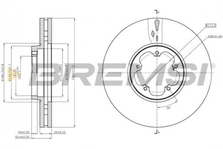 Тормозной диск перед. Transit V363 (RWD) 12-(308x33) BREMSI CD8470V