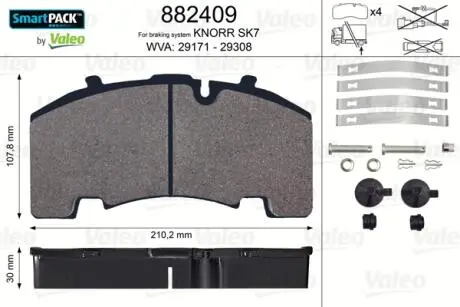 Колодки гальмівні 210,2x107,8x30 без поперечної пластини Valeo 882409 (фото 1)