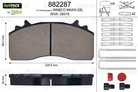 Колодки гальмівні WVA 29315; 220,5x 99,3x30 Valeo 882287