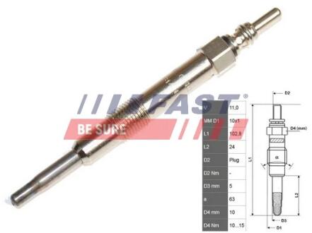 Свічка розжарення 1.9 FIAT STILO 01-07, LANCIA MUSA 04-07, OPEL ZAFIRA B 05-12 FAST FT82703