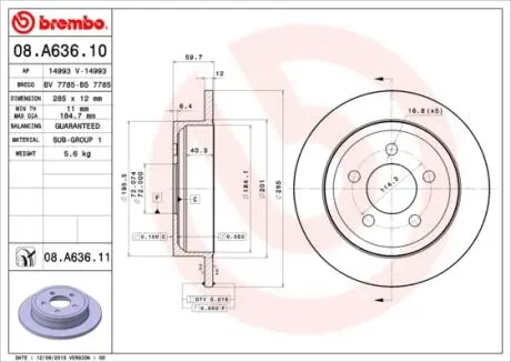Тормозной диск BREMBO 08.A636.10 (фото 1)