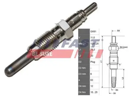 Свеча накала FIAT DOBLO 00-09, Punto 03-10, Palio 01-05 FAST FT82728