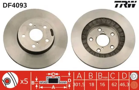 Диск гальмівний (1 шт.) TOYOTA Rav4 2,0 ​​F ​​"94-" 00 TRW DF4093 (фото 1)