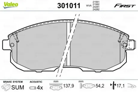 Гальмівні колодки дискові FIAT / NISSAN Punto / Cube / Juke / Maxima / Pulsar / Teana / Tiida "1,1-3,5" F "93 >> Valeo 301011