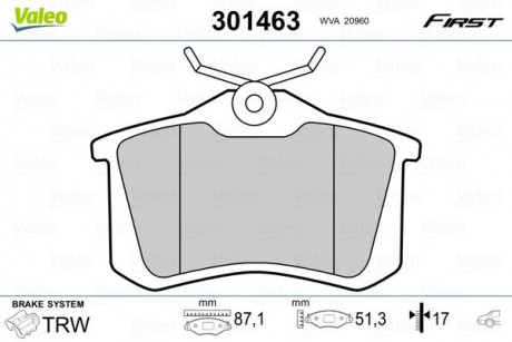 Тормозные колодки дисковые VAG / CITROEN / FIAT / FORD / PEUGEOT A1-8 / Berlingo / 308 / Golf "1,0-6,0" R "88 >> Valeo 301463