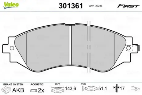 Тормозные колодки дисковые CHEVROLET / DAEWOO Epica / Lacetti / Nubira / Rezzo / Leganza "1,4-2,2" F "97 >> Valeo 301361