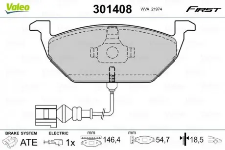 Гальмівні колодки дискові VAG A2 / A3 / Fabia / Octavia / Bora / Caddy / Golf / Jetta / Polo "1,0-2,5" F "96 >> Valeo 301408