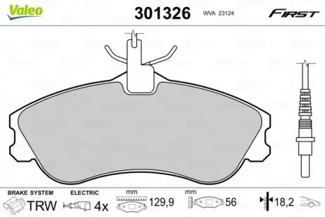 Тормозные колодки дисковые CITROEN / PEUGEOT Berlingo / Xsara / 306 / Partner "1,1-2,0" F "93-15 Valeo 301326