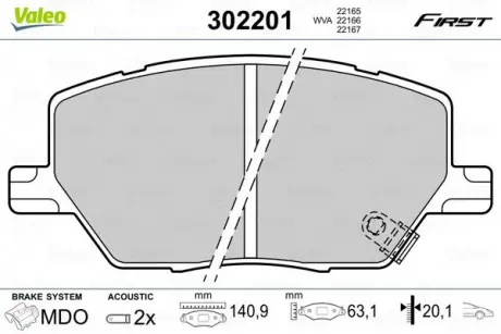 Тормозные колодки дисковые FIAT / JEEP 500X / Compass II / Renegade "1,3-2,0" F "14 >> Valeo 302201