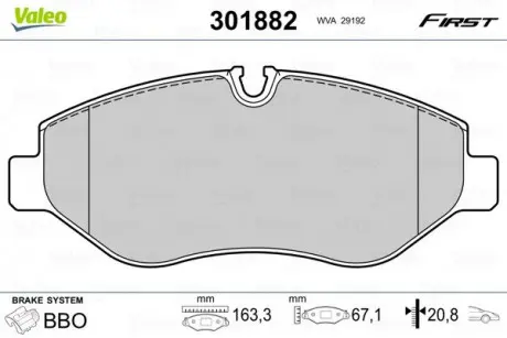 Тормозные колодки дисковые MB / VW Sprinter / Viano / Vito / Crafter "1,8-3,7" F "03 >> Valeo 301882