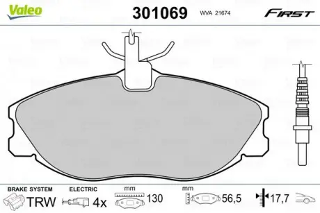 Тормозные колодки дисковые CITROEN / PEUGEOT Xsara / ZX / 406/306 "1,9-3,0" F "96-05 Valeo 301069