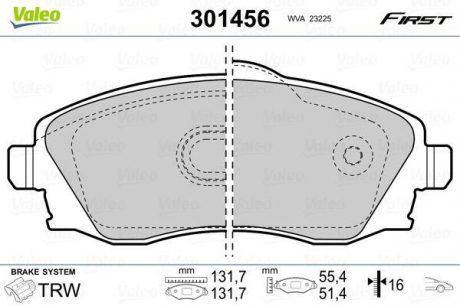 Тормозные колодки дисковые OPEL Combo / CorsaC / Meriva / Tigra "1,0-1,8" F "00-10 Valeo 301456 (фото 1)