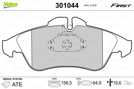 Тормозные колодки дисковые MB / VW Sprinter / V-Class / Vito / LT "2,0-2,9" F "95-06 Valeo 301044 (фото 1)