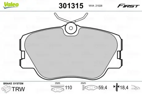 Тормозные колодки дисковые MERCEDES Coupe / E-Class / Kombi &quot;2,0-3,0&quot; F &quot;84-98 Valeo 301315 (фото 1)