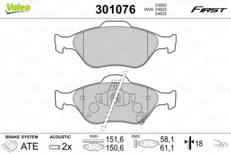 Тормозные колодки дисковые DAIHATSU / TOYOTA Charade / Yaris "1,0-1,5" F "05 >> Valeo 301076