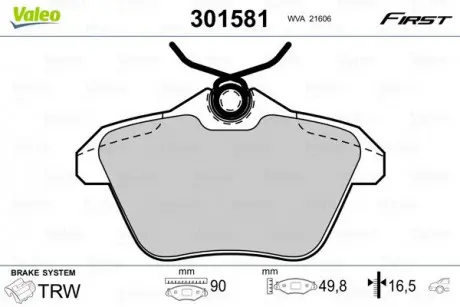 Тормозные колодки дисковые ALFA / LANCIA 156/166 / Kappa "1,6-3,2" R "94-07 Valeo 301581